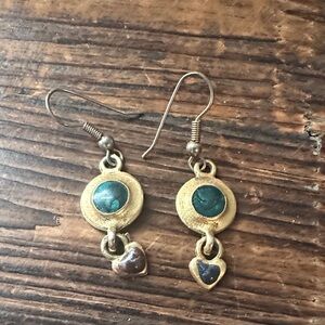 Gold and Teal Heart Dangle Earrings